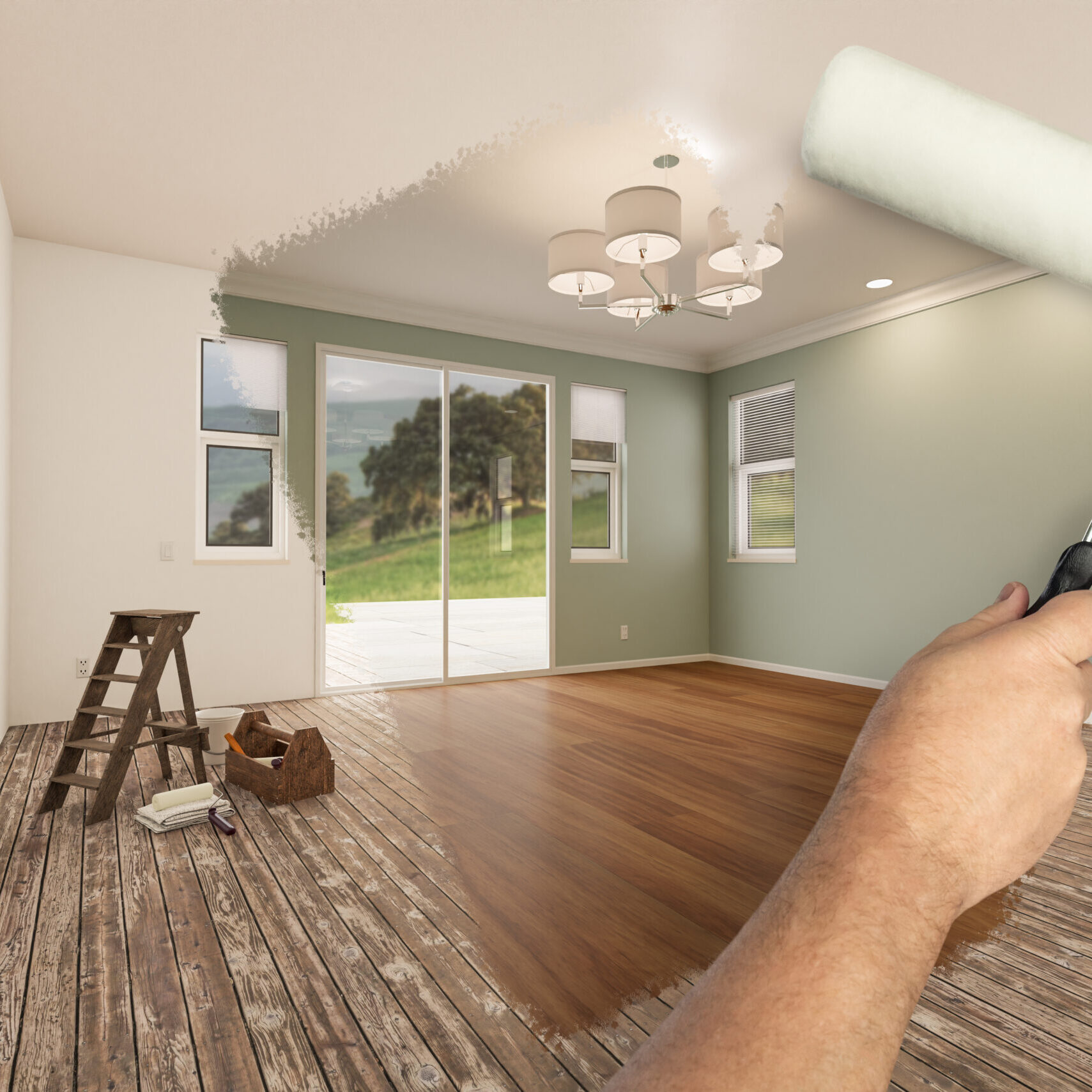 Before and After of Man Painting Roller to Reveal Newly Remodeled Room with Fresh Light Green Paint and New Floors.