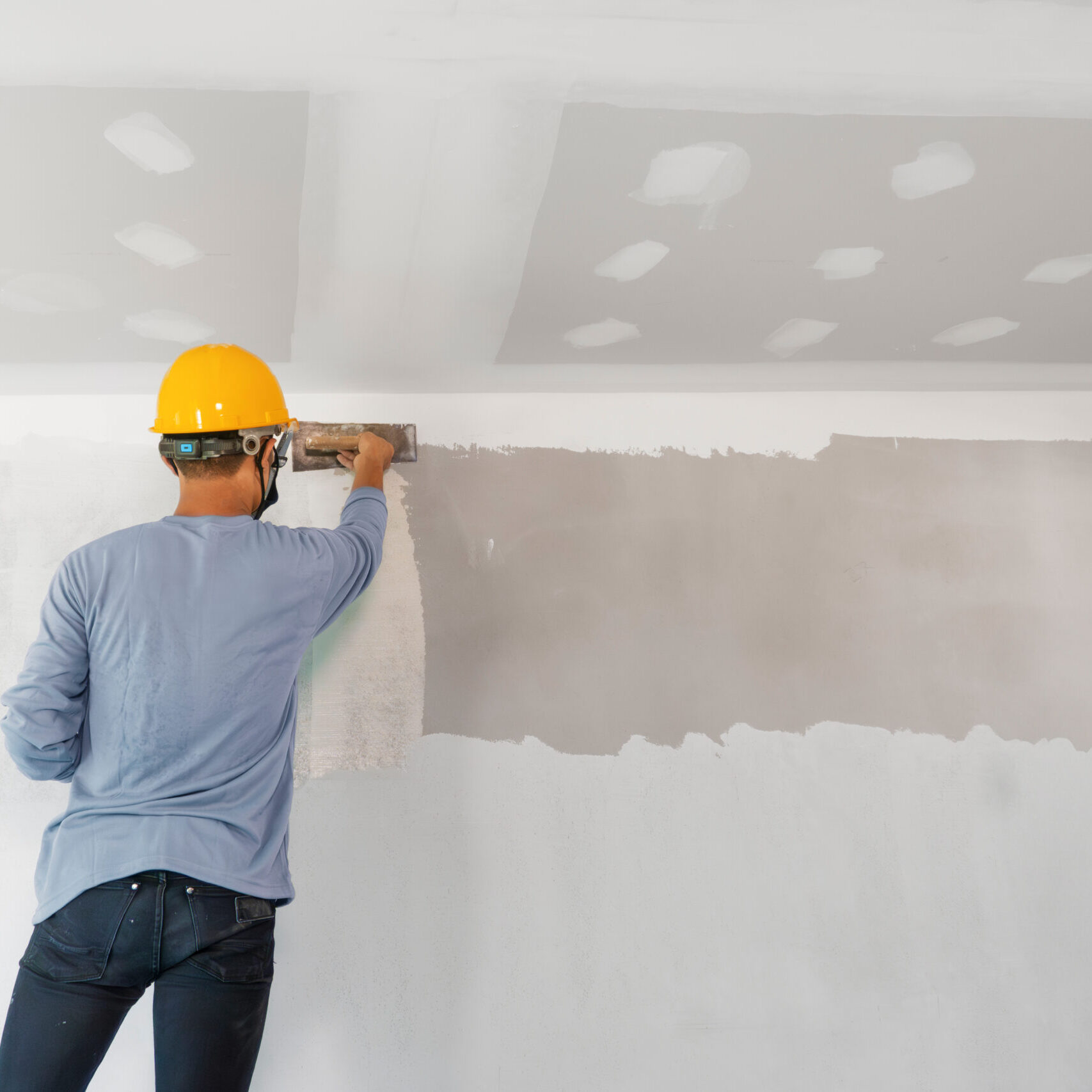 work with plaster gypsum ceiling for interior build. gypsum board ceiling in construction sit.